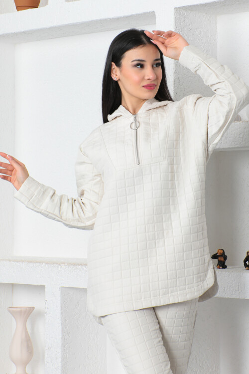 KADIN Yarım Fermuarlı Kapüşonlu Kare Desenli Eşofman Takım