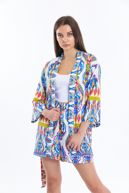 Kuşaklı Etnik Desenli Kimona Takım