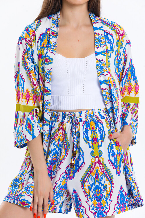 Kuşaklı Etnik Desenli Kimona Takım