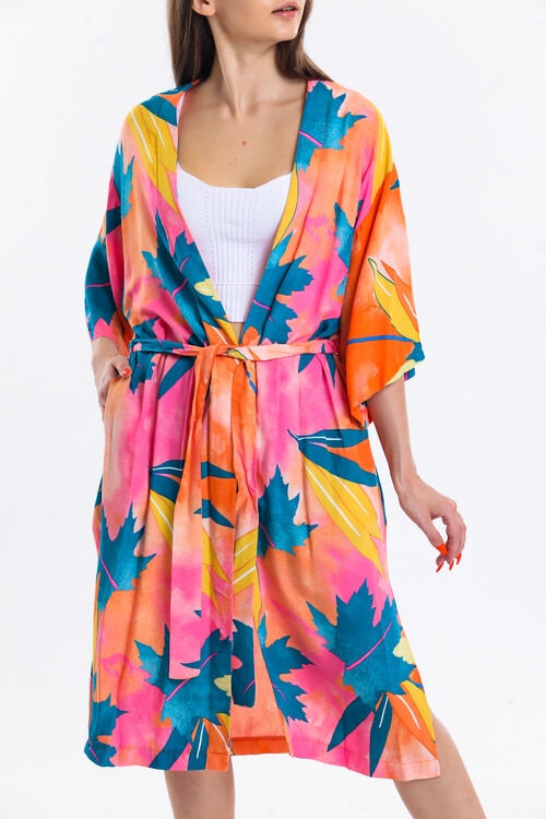 Kuşaklı Yarasa Kol Yaprak Desenli Uzun Hırka