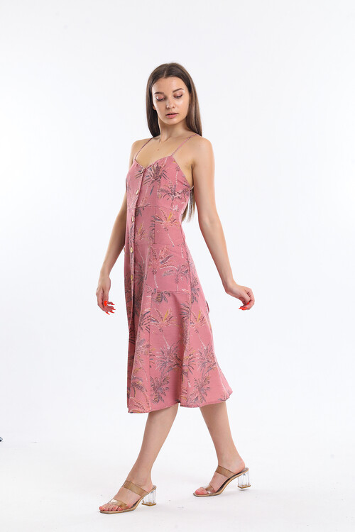 Önü Düğmeli Askılı Cepli Çiçek Desenli Elbise