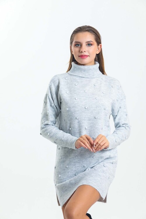 Önü ve Kolları Ponponlu Balıkçı Yaka Triko Elbise