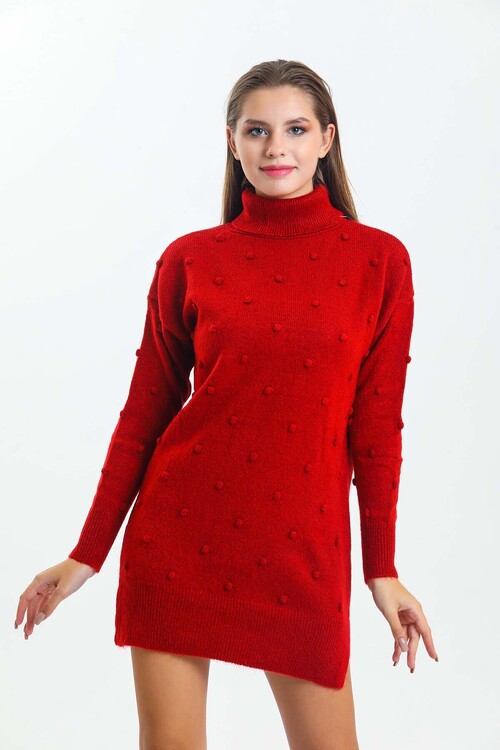 Önü ve Kolları Ponponlu Balıkçı Yaka Triko Elbise