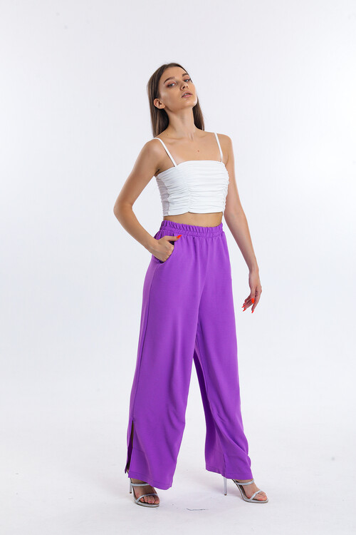 Paçaları Yırtmaçlı Beli Lastikli Cepli Yüksek Bel Bol Paça Pantolon