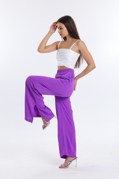 Paçaları Yırtmaçlı Beli Lastikli Cepli Yüksek Bel Bol Paça Pantolon