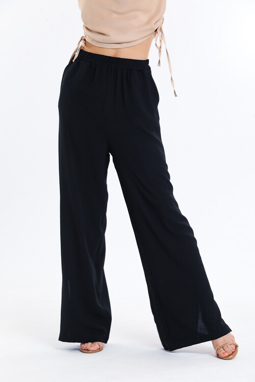 Paçaları Yırtmaçlı Beli Lastikli Cepli Yüksek Bel Bol Paça Pantolon