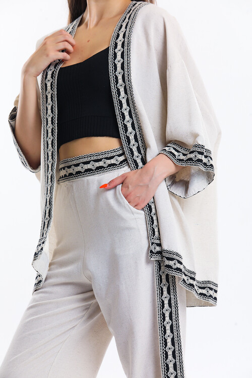 Şerit Detaylı Keten Kimona Takım