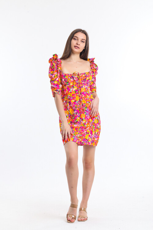 Sırtı Fermuarlı Balon Kol İçi Astarlı Bağcık Detaylı Çiçek Desenli Büzgülü Kısa Elbise