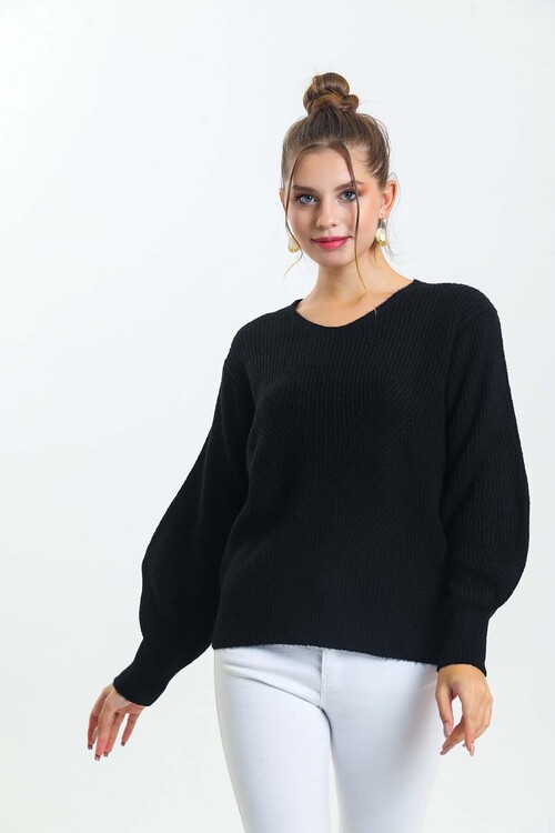 V Yaka Arkası Delikli Balon Kol Triko Kazak