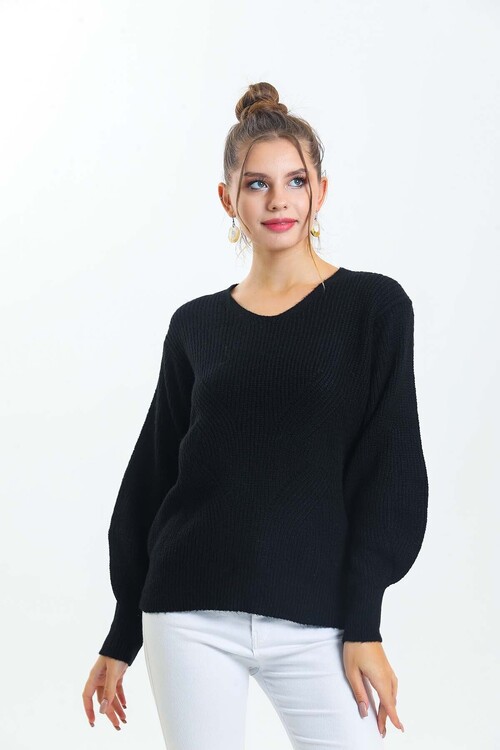 V Yaka Arkası Delikli Balon Kol Triko Kazak