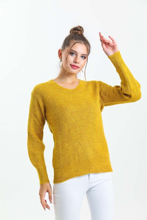 V Yaka Arkası Delikli Balon Kol Triko Kazak