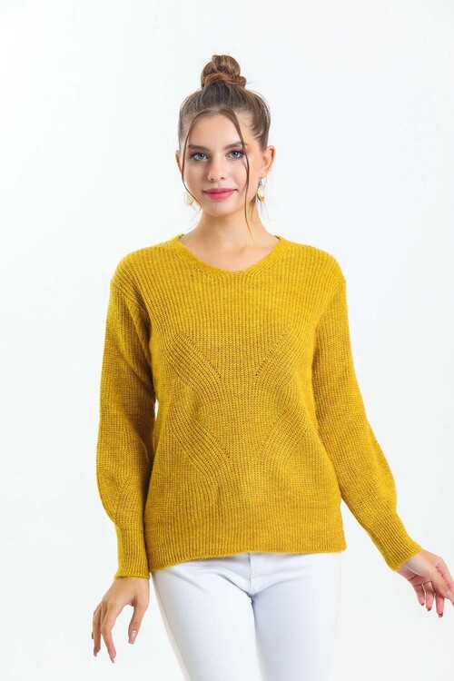 V Yaka Arkası Delikli Balon Kol Triko Kazak