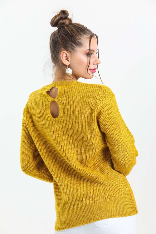 V Yaka Arkası Delikli Balon Kol Triko Kazak