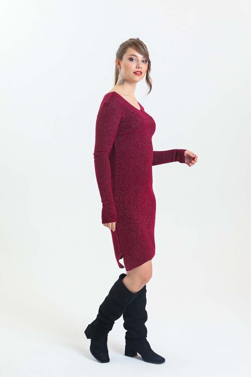 V Yaka Uzun Kol Simli Triko Elbise