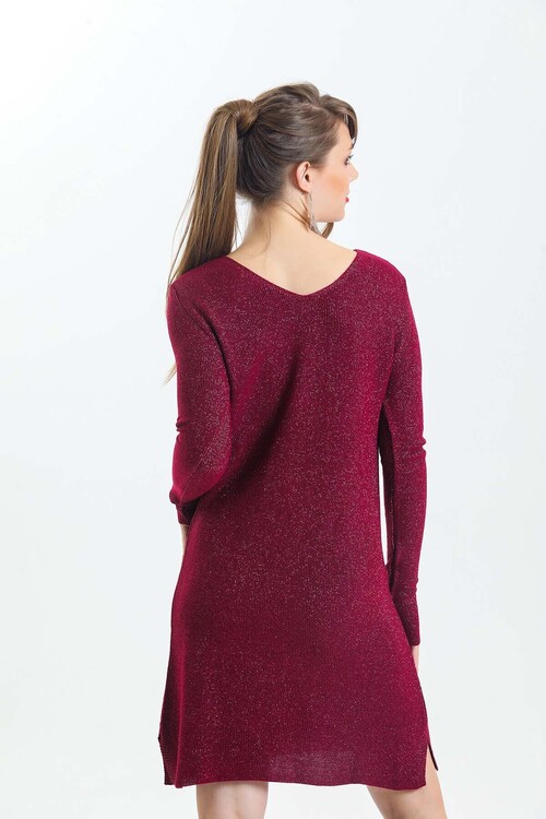 V Yaka Uzun Kol Simli Triko Elbise