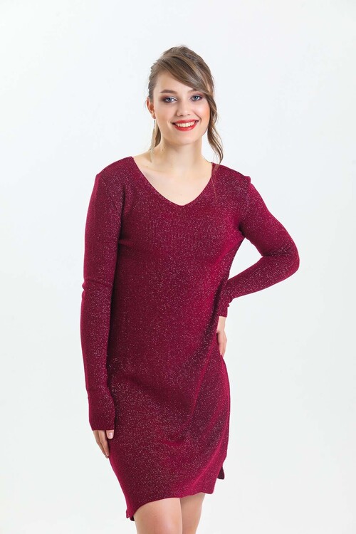 V Yaka Uzun Kol Simli Triko Elbise