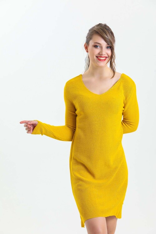 V Yaka Uzun Kol Simli Triko Elbise