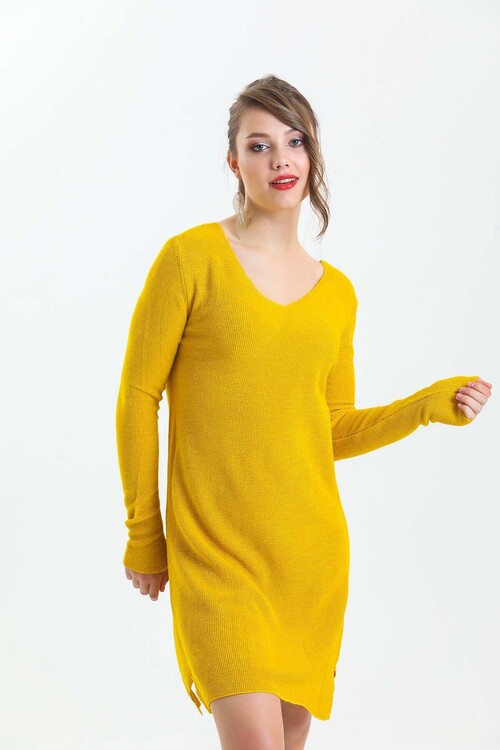 V Yaka Uzun Kol Simli Triko Elbise