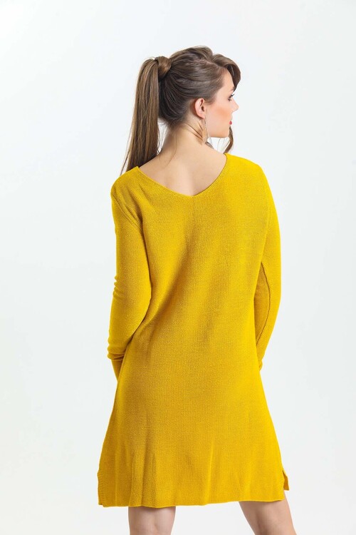 V Yaka Uzun Kol Simli Triko Elbise