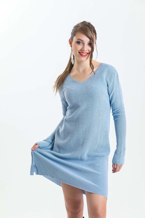 V Yaka Uzun Kol Simli Triko Elbise