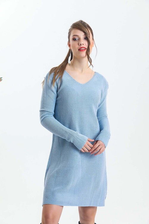 V Yaka Uzun Kol Simli Triko Elbise