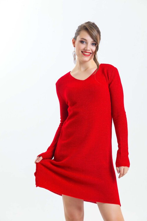 V Yaka Uzun Kol Simli Triko Elbise