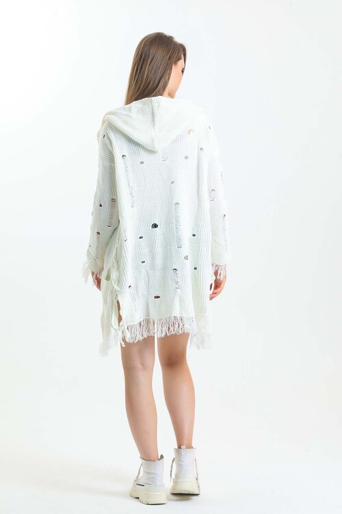 Yarasa Kol Yanları Bağcıklı Kolları ve Eteği Püsküllü Kapuşonlu Triko Uzun Hırka