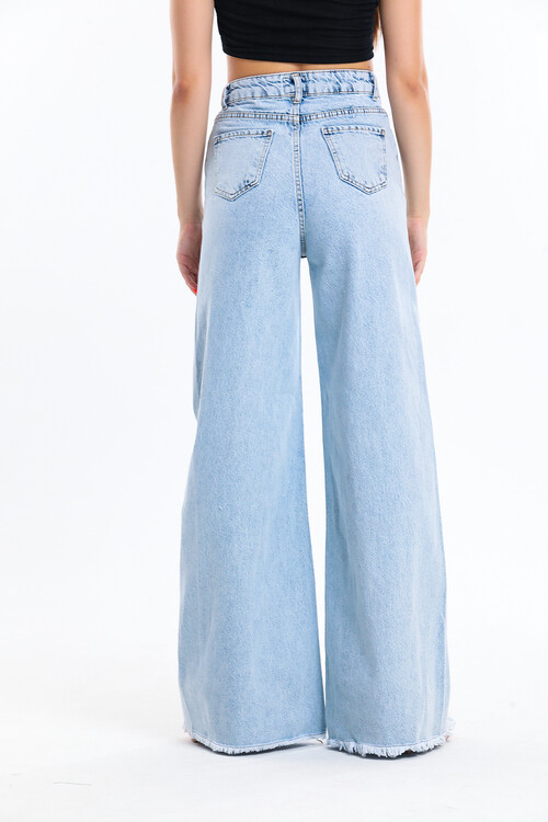 Yüksek Bel Kar Yıkamalı Geniş Paça Palazzo Kot Pantolon