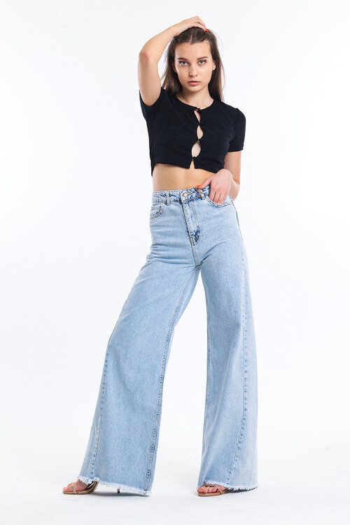 Yüksek Bel Kar Yıkamalı Geniş Paça Palazzo Kot Pantolon